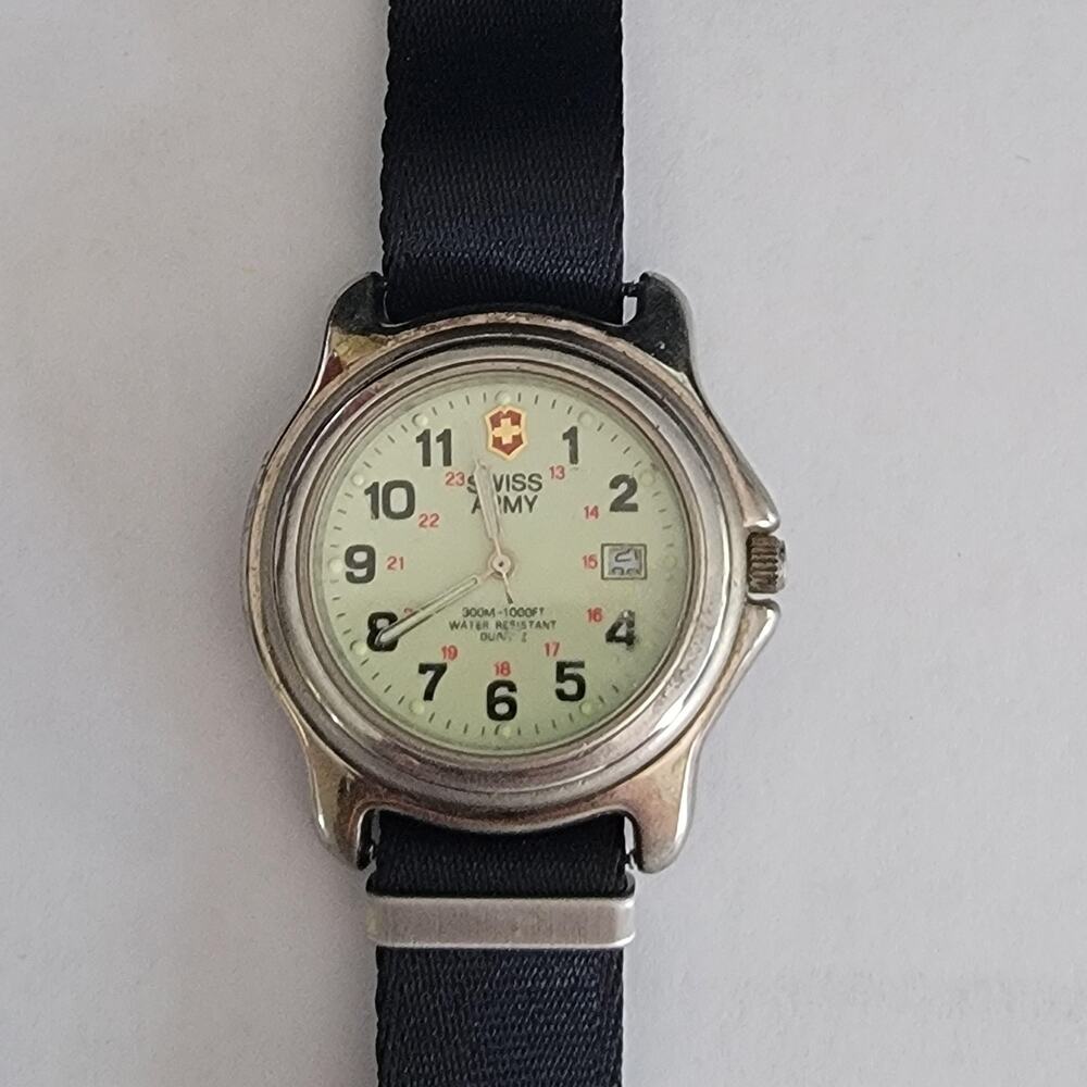 Swiss Army Mens Watch Green Dial Silver Tone Black Nylon Strap 300M Quartz